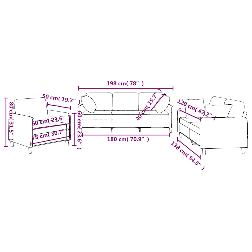 3-tlg. Sofagarnitur mit Kissen Taupe Stoff