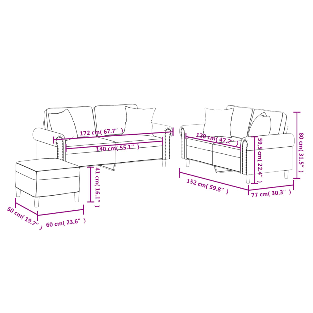 3-tlg. Sofagarnitur mit Kissen Schwarz Kunstleder