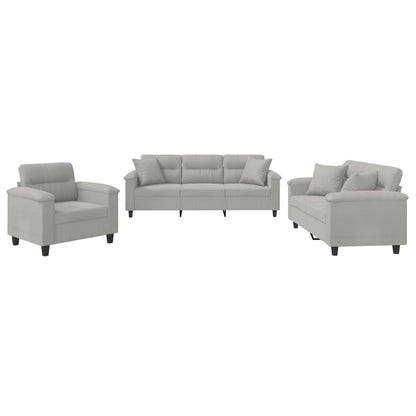 3-tlg. Sofagarnitur mit Kissen Hellgrau Mikrofasergewebe