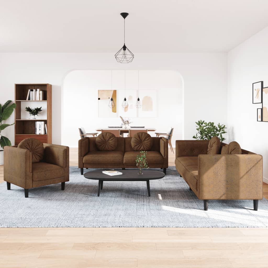 3-tlg. Sofagarnitur mit Kissen Braun Samt