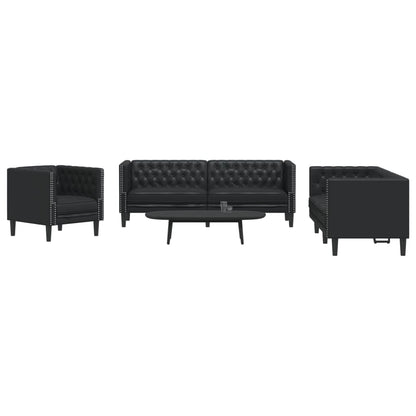 3-tlg. Chesterfield-Sofa-Set Schwarz Kunstleder