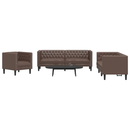 3-tlg. Chesterfield-Sofa-Set Braun Kunstleder