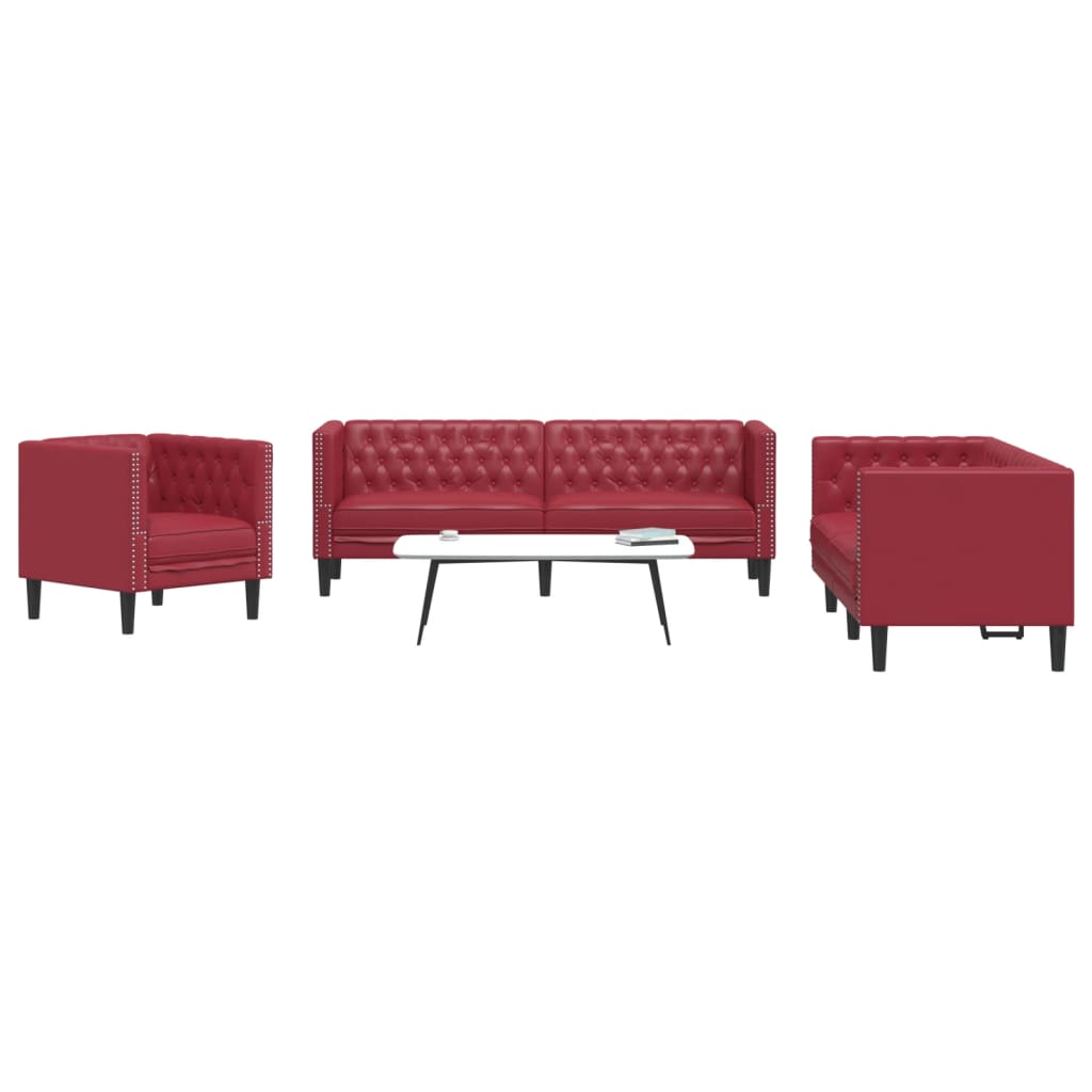 3-tlg. Chesterfield-Sofa-Set Weinrot Kunstleder