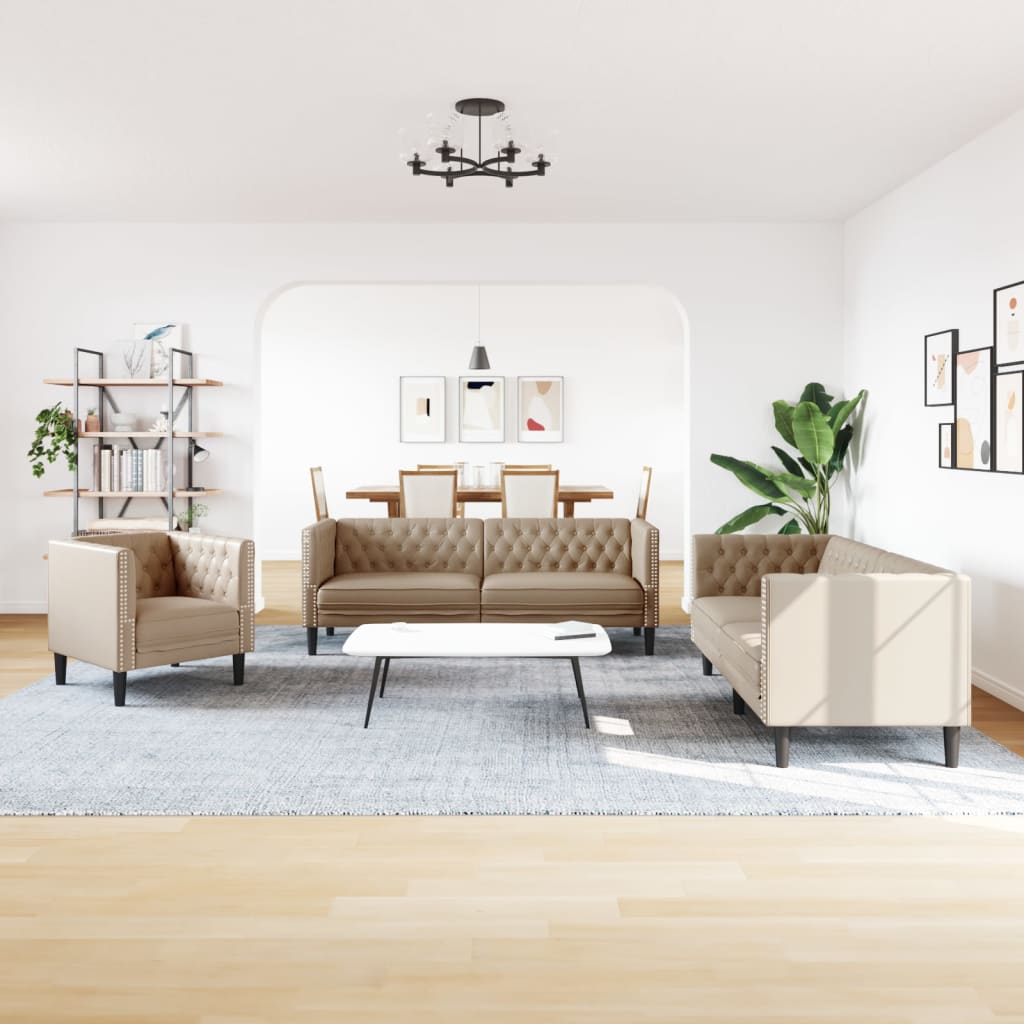 3-tlg. Chesterfield-Sofa-Set Cappuccino Kunstleder