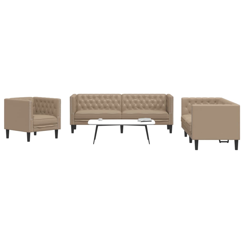 3-tlg. Chesterfield-Sofa-Set Cappuccino Kunstleder