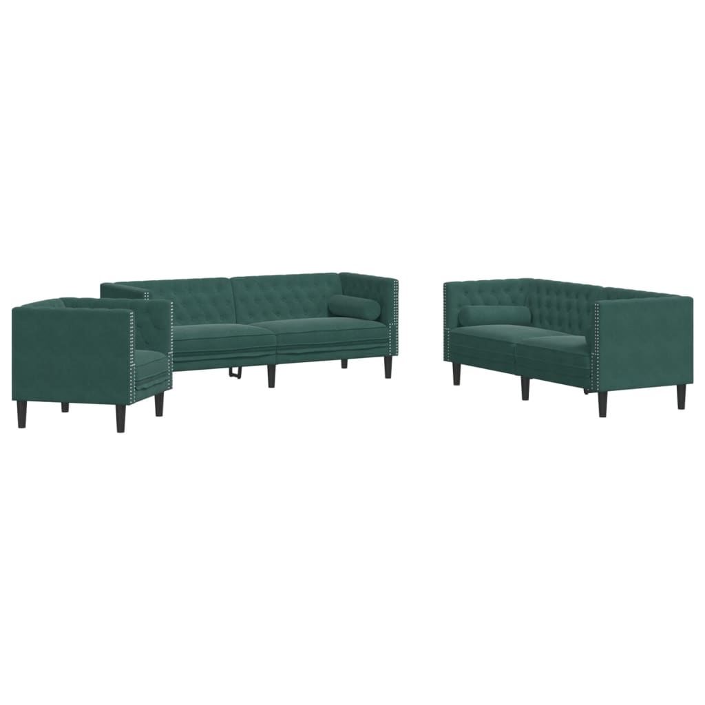 3-tlg. Chesterfield-Sofa-Set mit Nackenrollen Dunkelgrün Samt