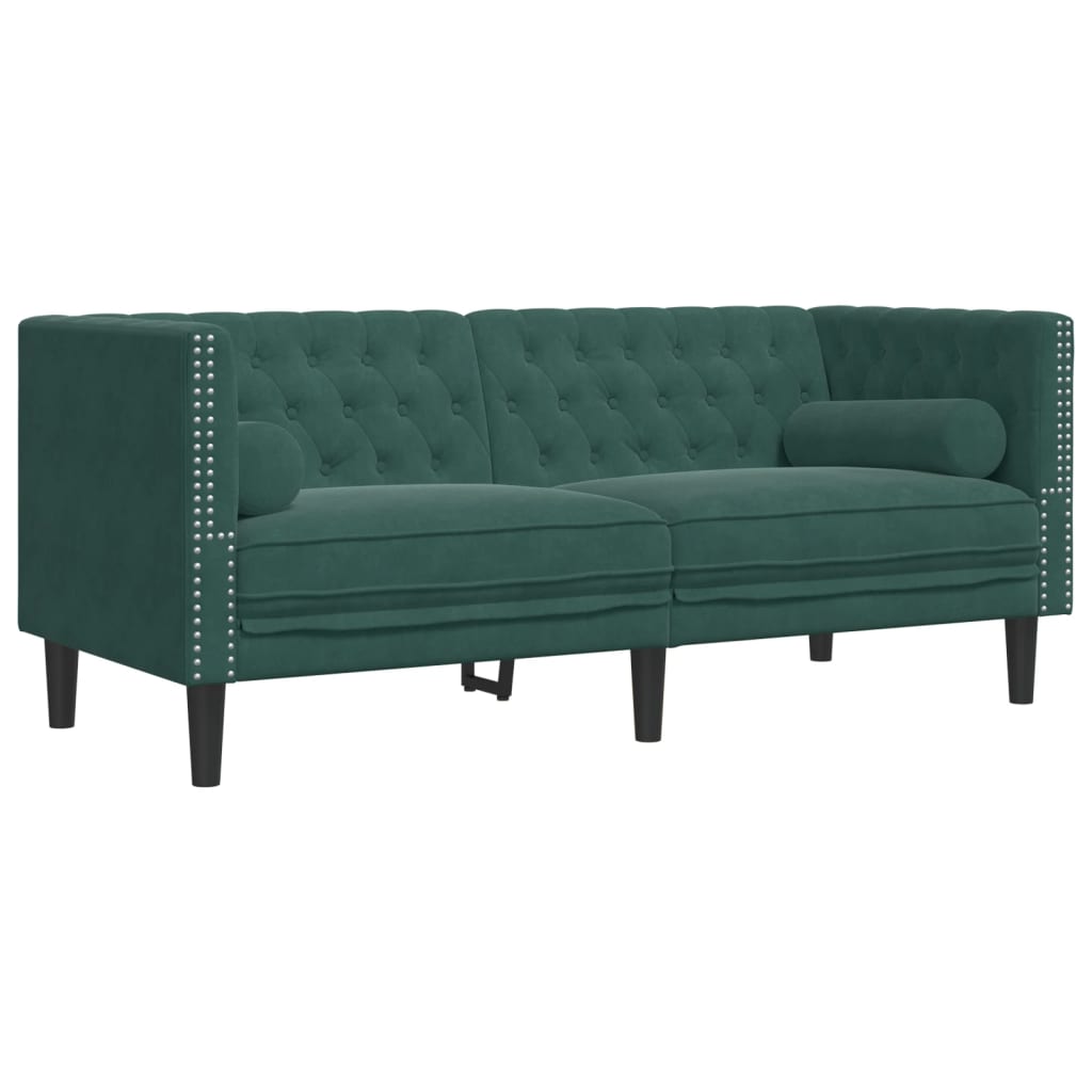 3-tlg. Chesterfield-Sofa-Set mit Nackenrollen Dunkelgrün Samt