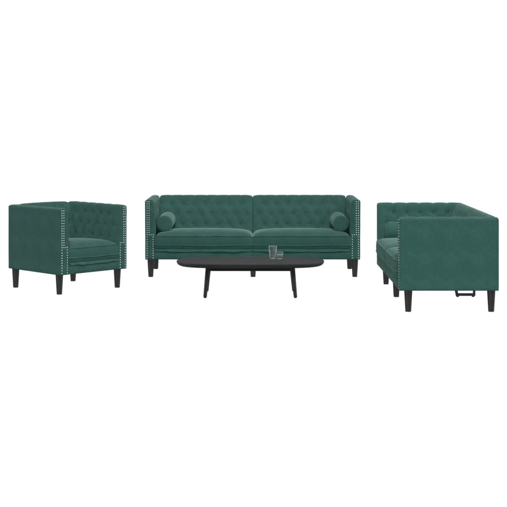 3-tlg. Chesterfield-Sofa-Set mit Nackenrollen Dunkelgrün Samt