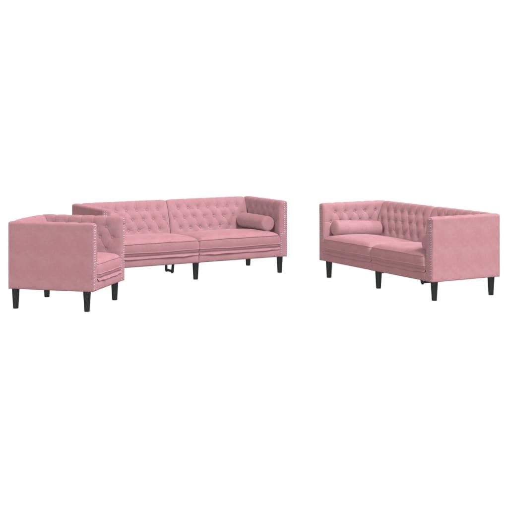 3-tlg. Chesterfield-Sofa-Set mit Nackenrollen Rosa Samt