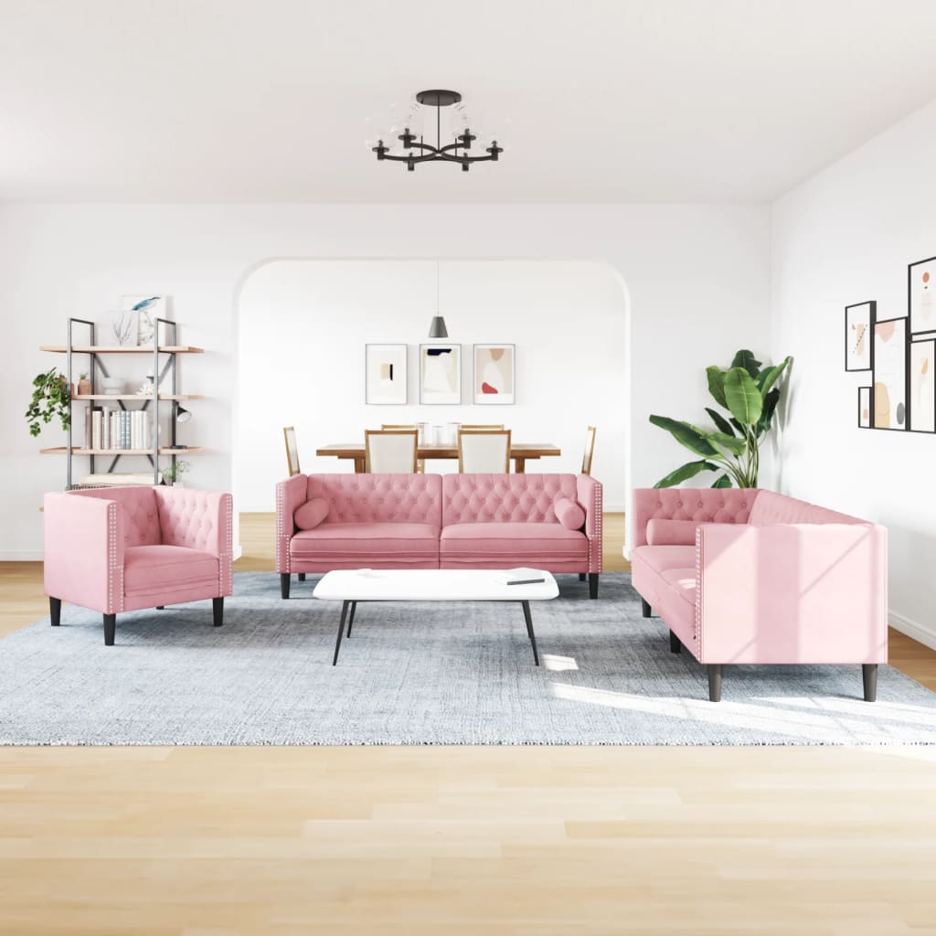 3-tlg. Chesterfield-Sofa-Set mit Nackenrollen Rosa Samt