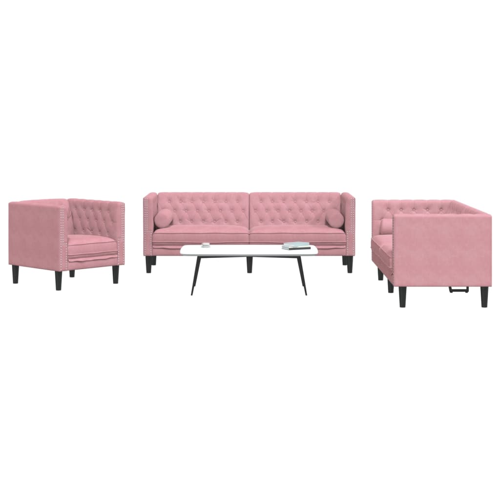3-tlg. Chesterfield-Sofa-Set mit Nackenrollen Rosa Samt