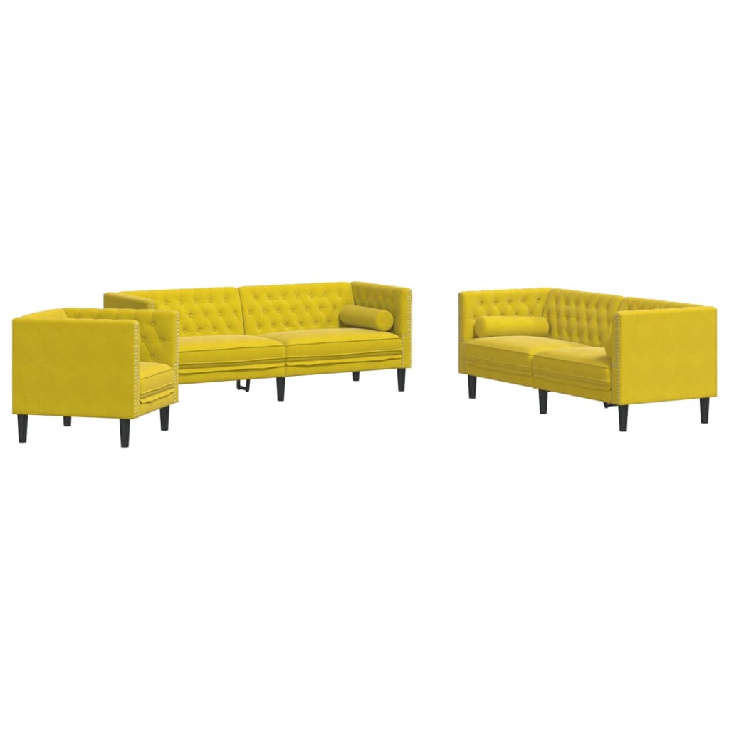 3-tlg. Chesterfield-Sofa-Set mit Nackenrollen Gelb Samt