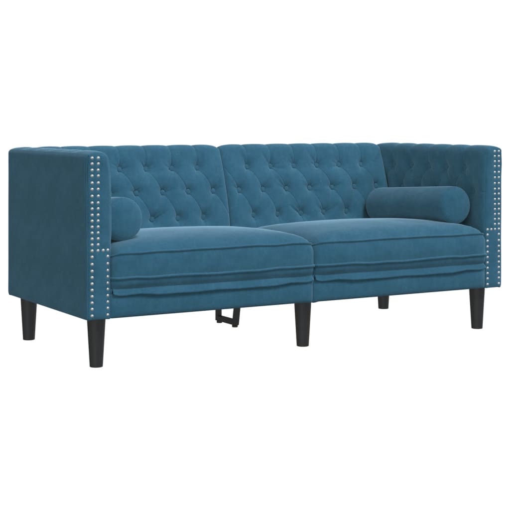 3-tlg. Chesterfield-Sofa-Set mit Nackenrollen Blau Samt