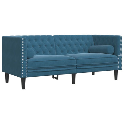 3-tlg. Chesterfield-Sofa-Set mit Nackenrollen Blau Samt