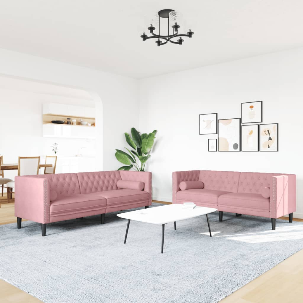 2-tlg. Chesterfield-Sofa-Set mit Nackenrollen Rosa Samt