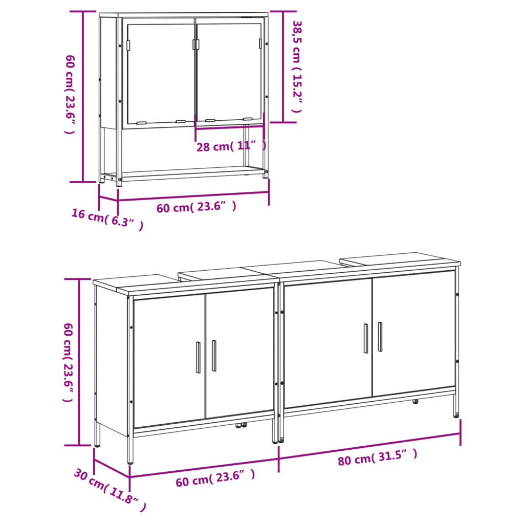 3-tlg. Badmöbel-Set Räuchereiche Holzwerkstoff