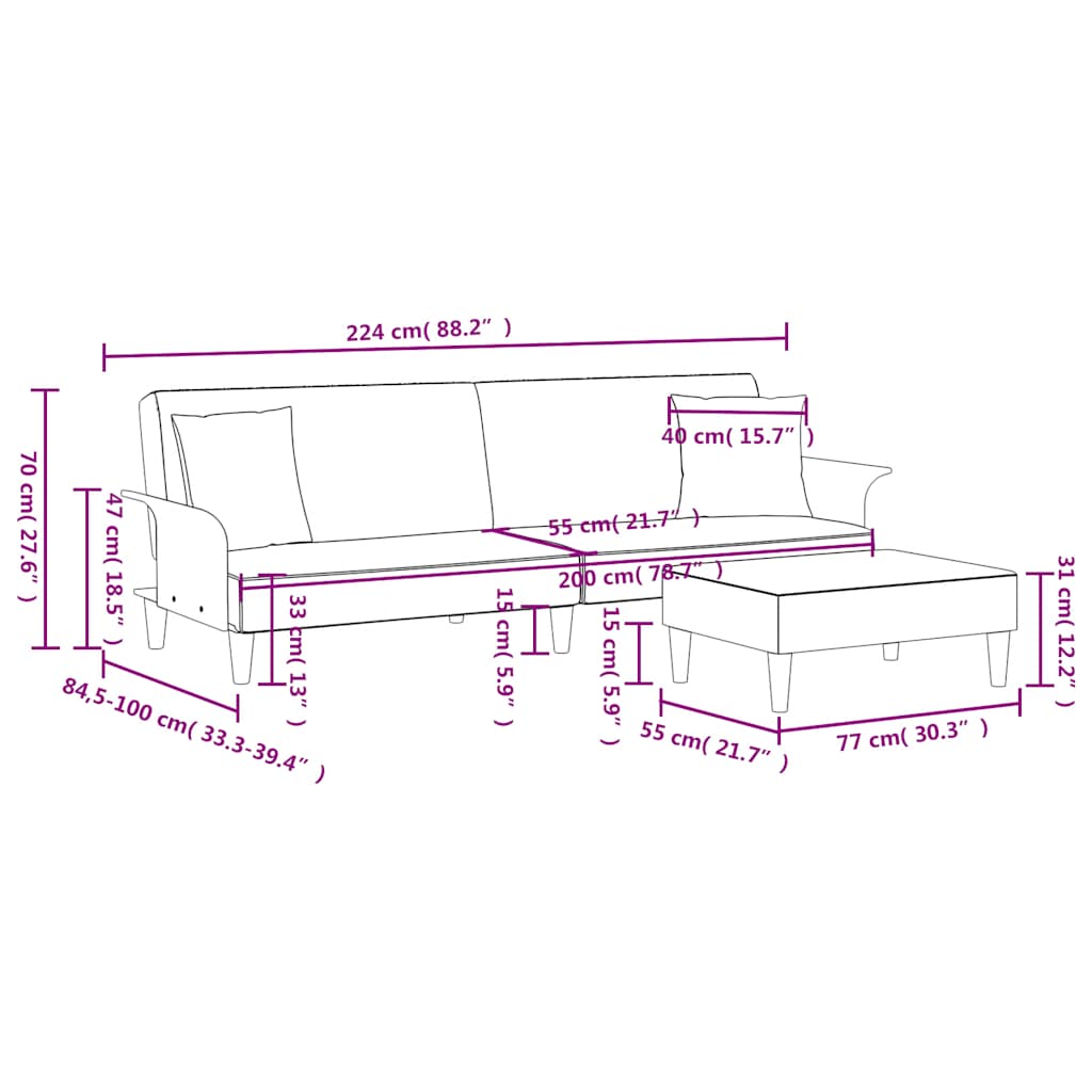 Schlafsofa 2-Sitzer mit Kissen und Fußhocker Hellgrau Samt