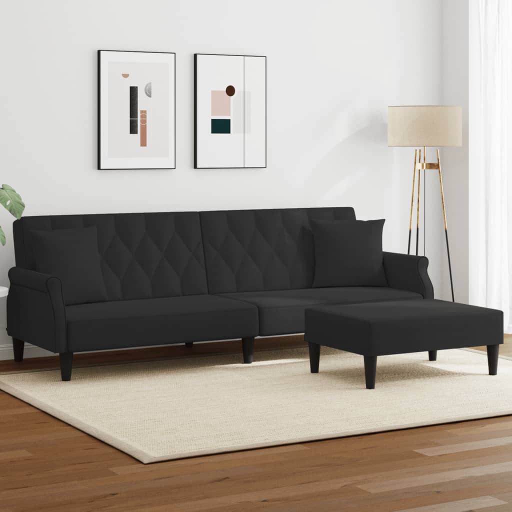 Schlafsofa 2-Sitzer mit Kissen und Fußhocker Schwarz Samt