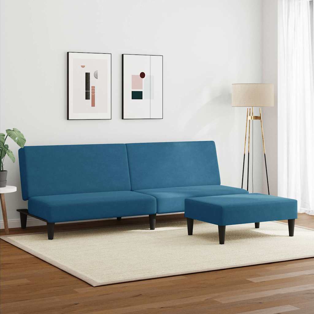 Schlafsofa 2-Sitzer mit Fußhocker Blau Samt