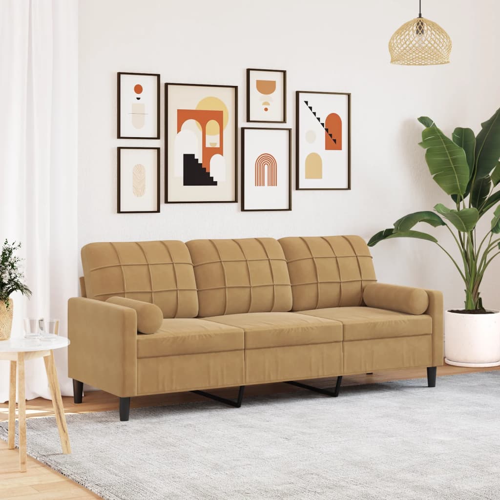 3-Sitzer-Sofa mit Zierkissen Braun 180 cm Samt