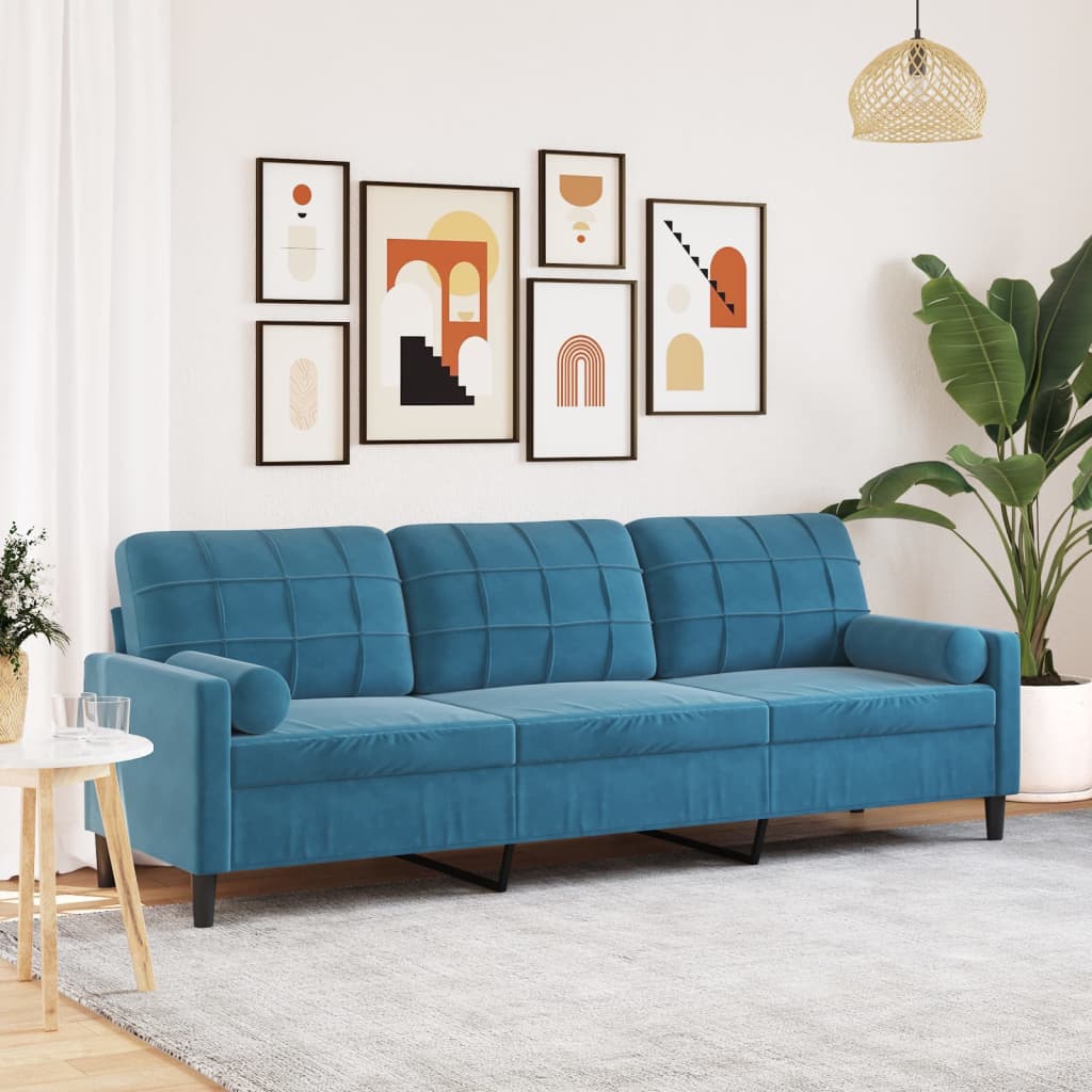 Sofa 3-Sitzer mit Zierkissen Blau 210 cm Samt