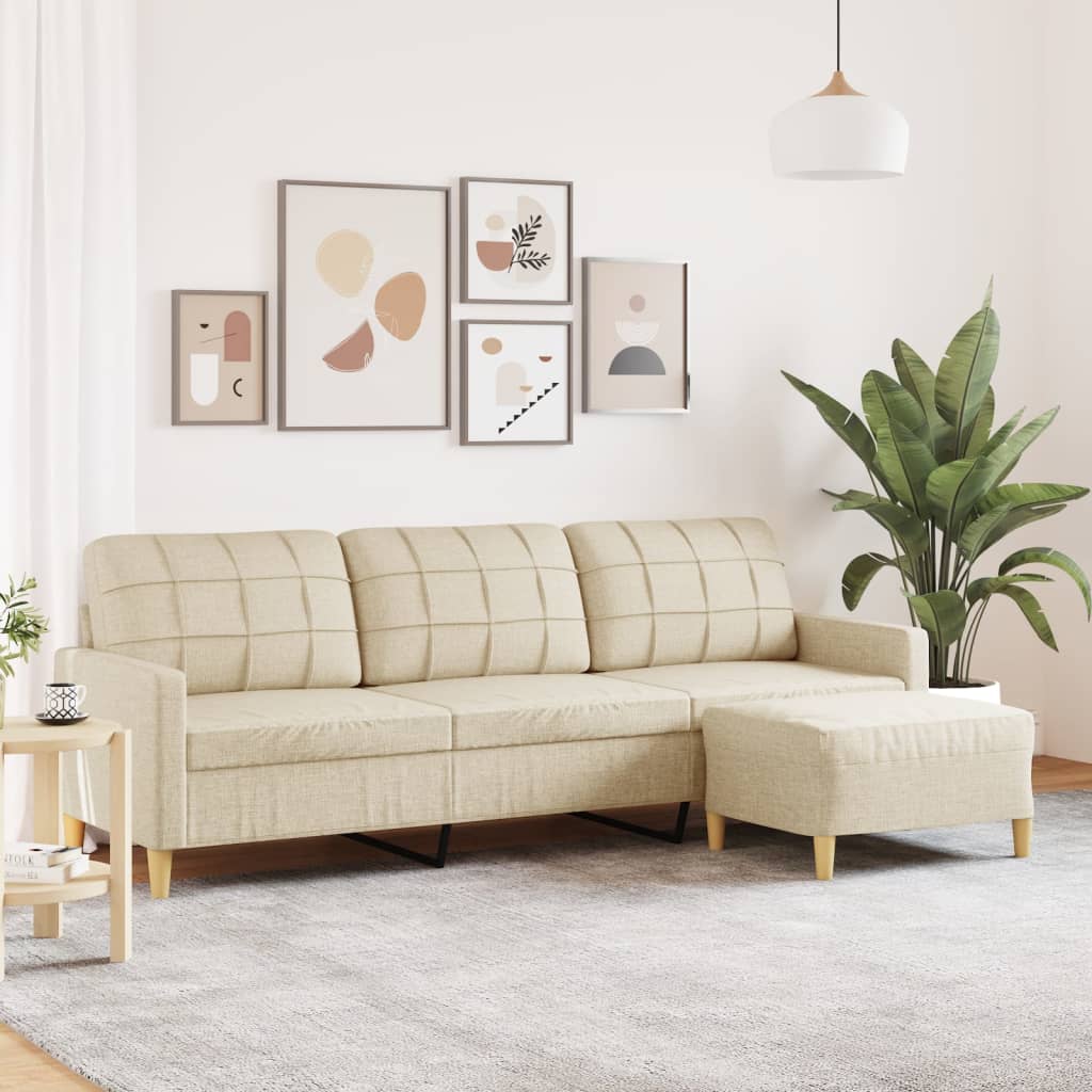 3-Sitzer-Sofa mit Hocker Creme 210 cm Stoff