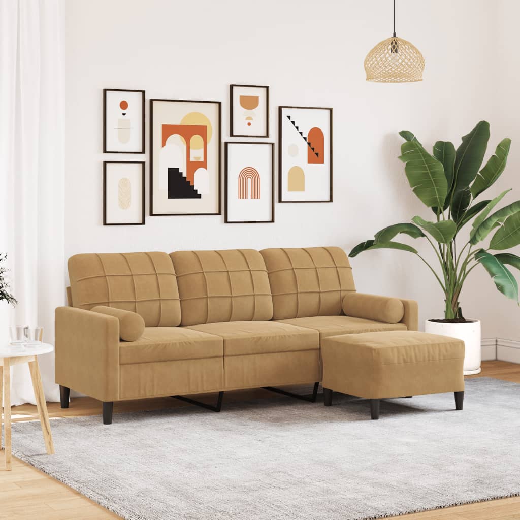 3-Sitzer-Sofa mit Hocker Braun 180 cm Samt