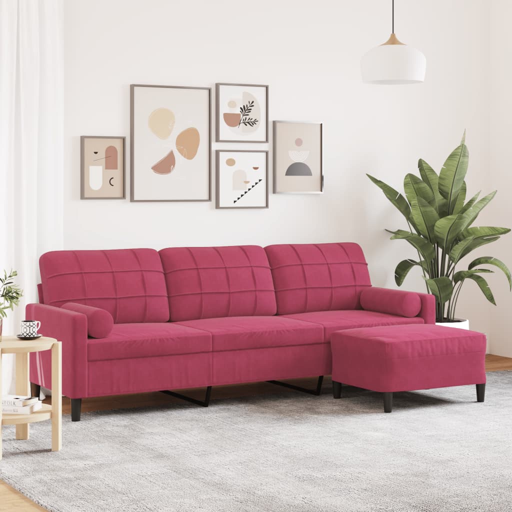 3-Sitzer-Sofa mit Hocker Weinrot 210 cm Samt