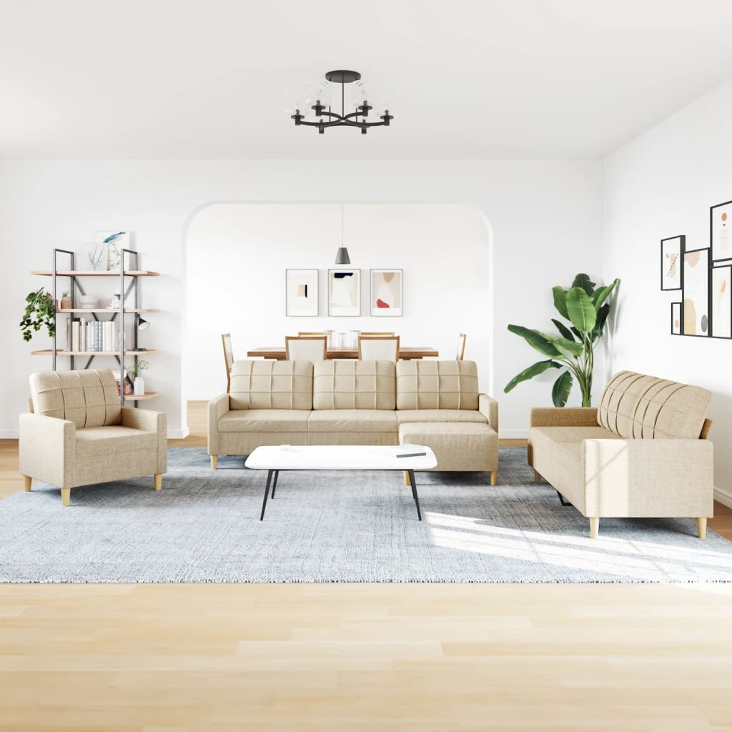 4-tlg. Sofagarnitur mit Fußhocker Creme Stoff