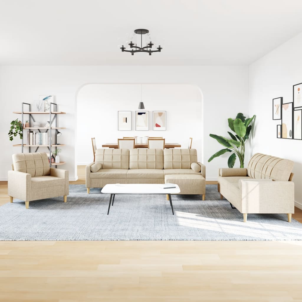 4-tlg. Sofagarnitur mit Fußhocker & Dekokissen Creme Stoff