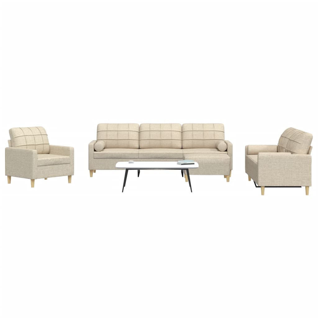 4-tlg. Sofagarnitur mit Fußhocker & Dekokissen Creme Stoff