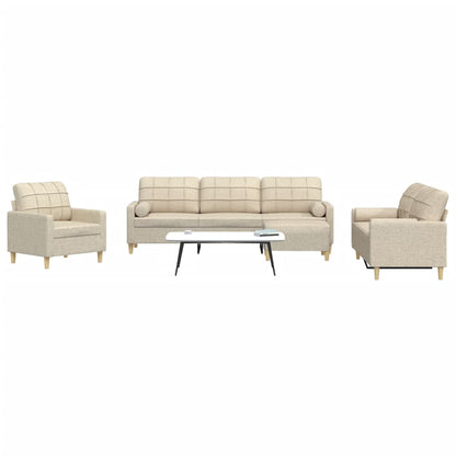 4-tlg. Sofagarnitur mit Fußhocker & Dekokissen Creme Stoff