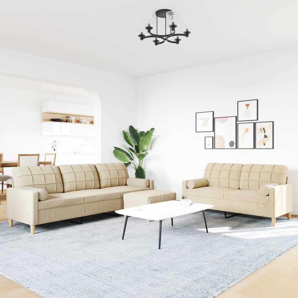 3-tlg. Sofagarnitur mit Fußhocker & Dekokissen Creme Stoff