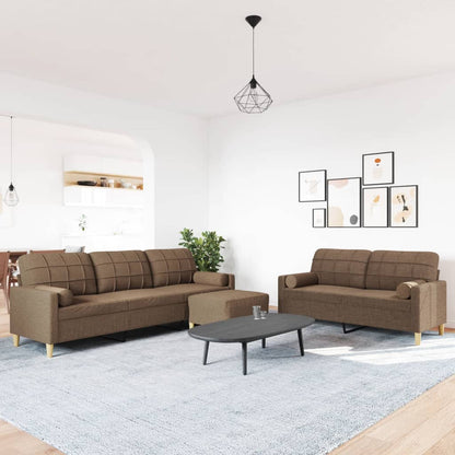 3-tlg. Sofagarnitur mit Fußhocker & Dekokissen Braun Stoff