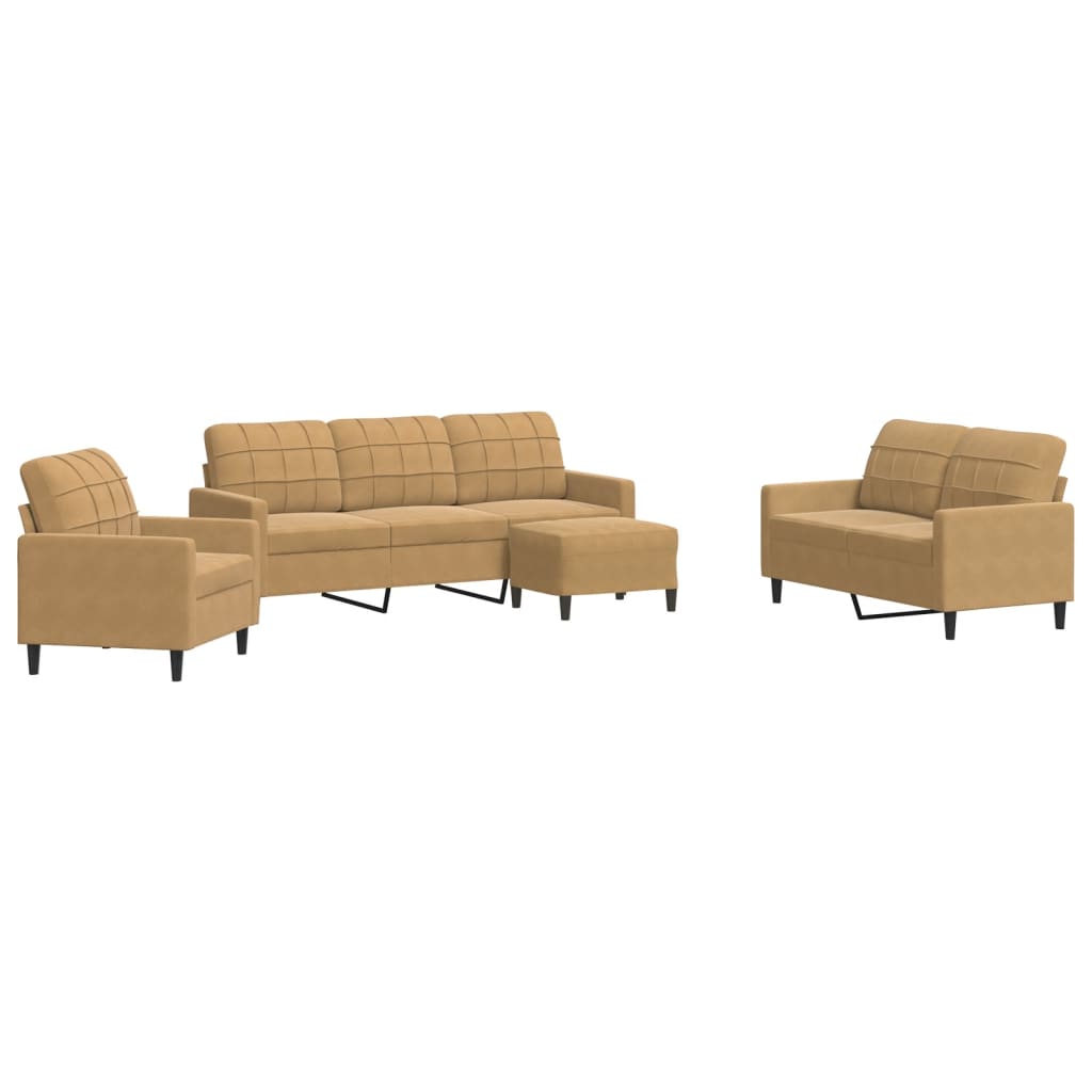 4-tlg. Sofagarnitur mit Kissen Braun Samt