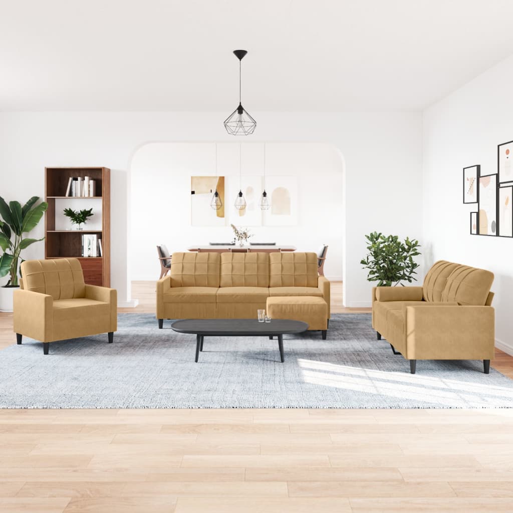 4-tlg. Sofagarnitur mit Kissen Braun Samt