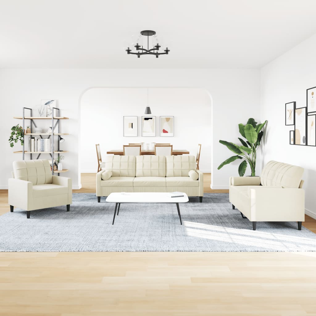 3-tlg. Sofagarnitur mit Kissen und Nackenrollen Creme Samt