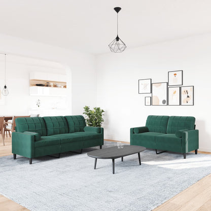 2-tlg. Sofagarnitur mit Kissen und Nackenrollen Dunkelgrün Samt