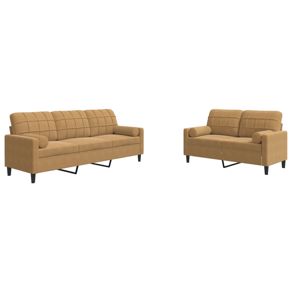 2-tlg. Sofagarnitur mit Kissen und Nackenrollen Braun Samt