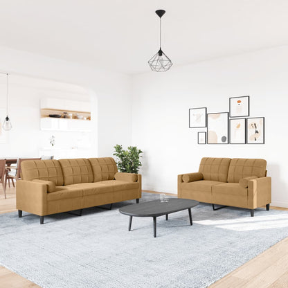 2-tlg. Sofagarnitur mit Kissen und Nackenrollen Braun Samt