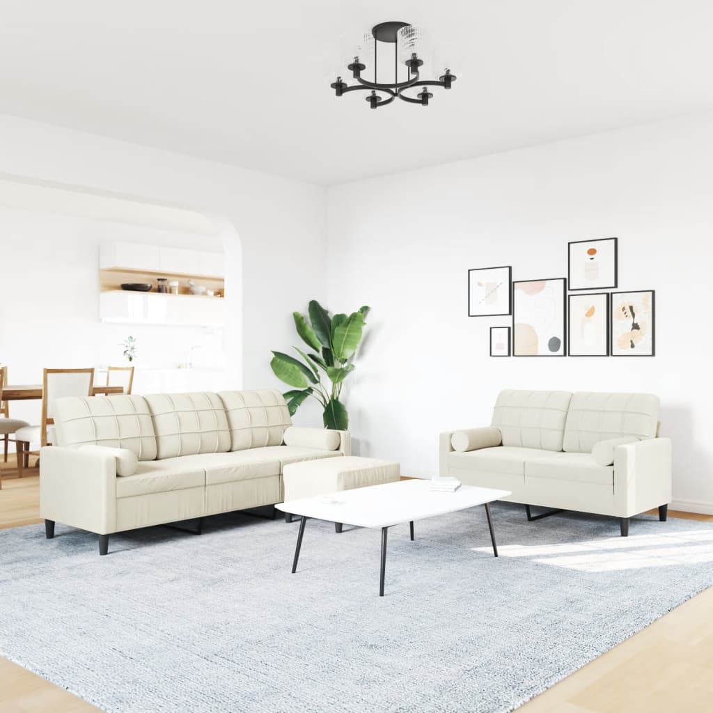 3-tlg. Sofagarnitur mit Kissen und Nackenrollen Creme Samt