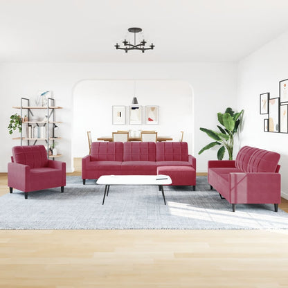 4-tlg. Sofagarnitur mit Kissen Weinrot Samt