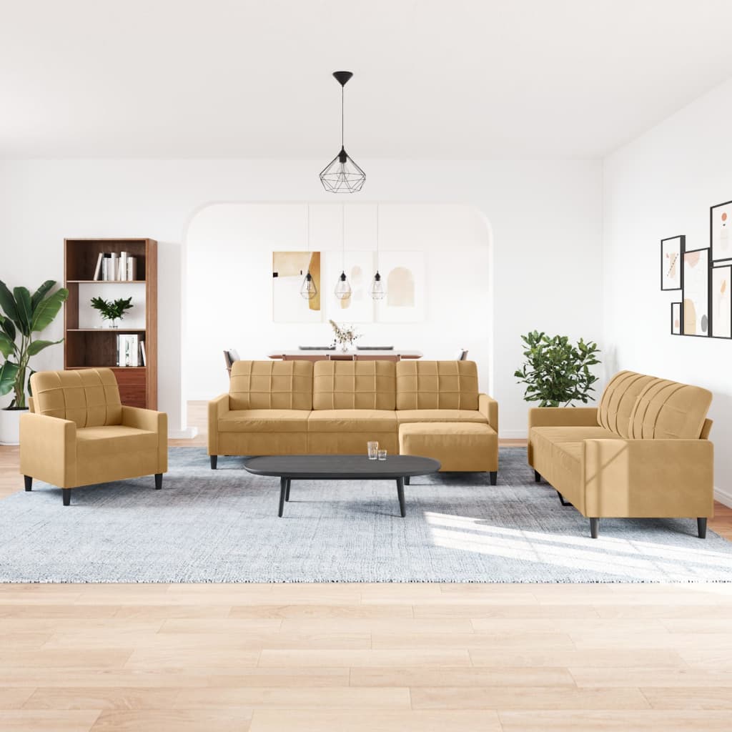 4-tlg. Sofagarnitur mit Kissen Braun Samt