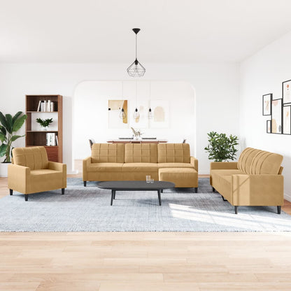 4-tlg. Sofagarnitur mit Kissen Braun Samt
