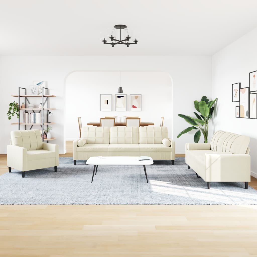 3-tlg. Sofagarnitur mit Kissen und Nackenrollen Creme Samt