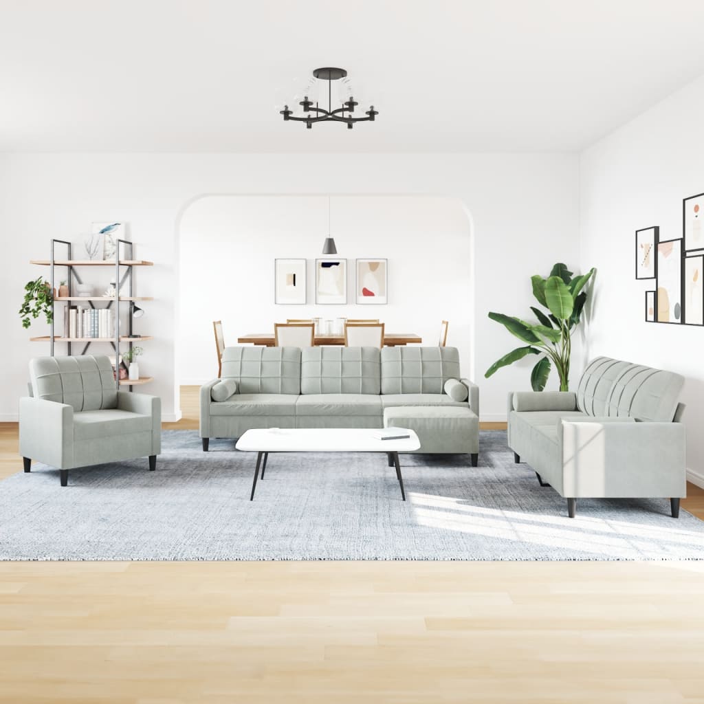 4-tlg. Sofagarnitur mit Kissen und Nackenrollen Hellgrau Samt