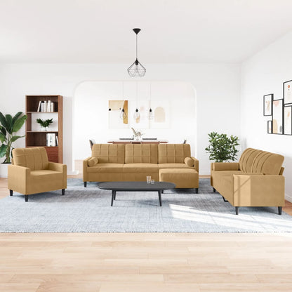 4-tlg. Sofagarnitur mit Kissen und Nackenrollen Braun Samt