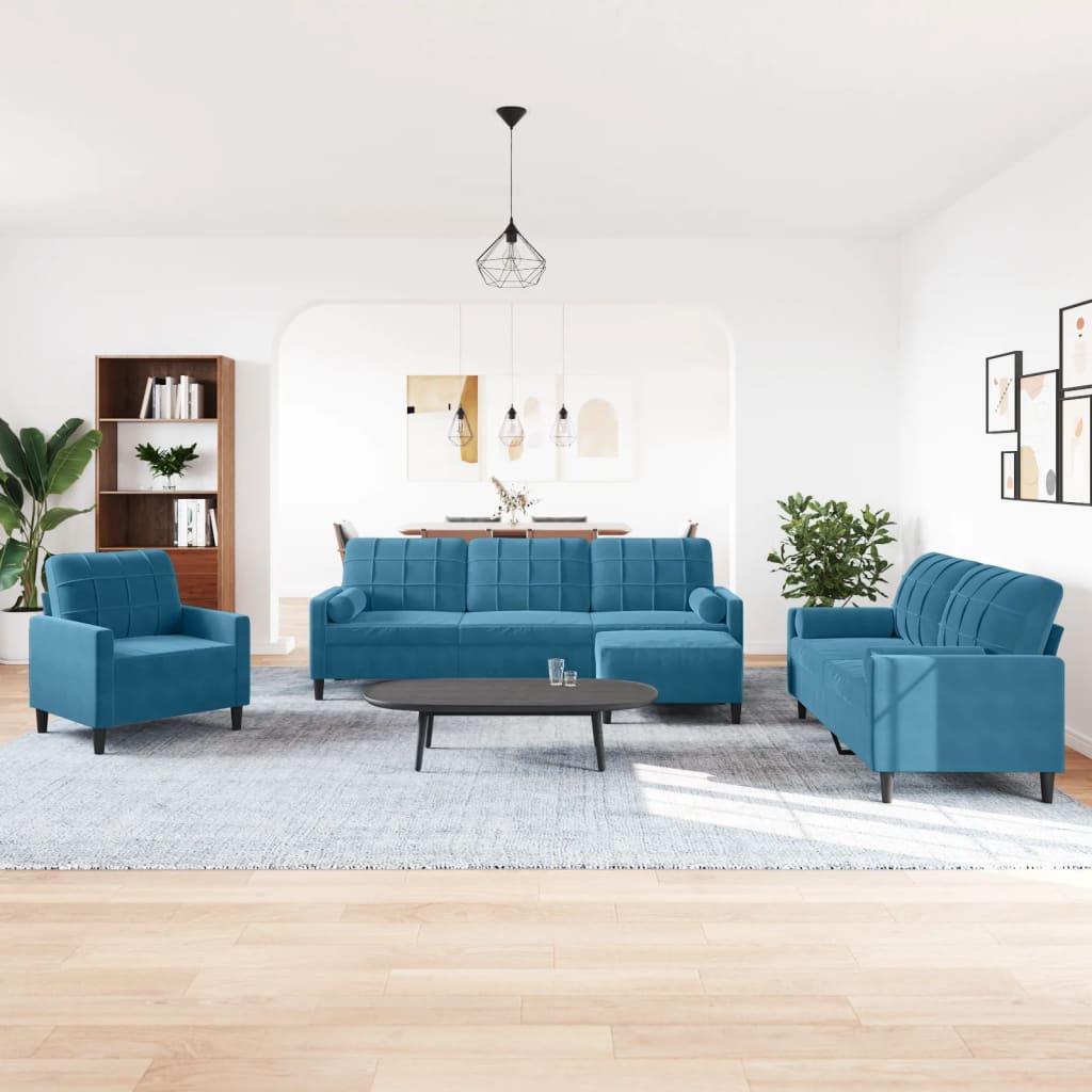 4-tlg. Sofagarnitur mit Kissen und Nackenrollen Blau Samt