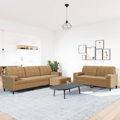 3-tlg. Sofagarnitur mit Kissen und Nackenrollen Braun Samt