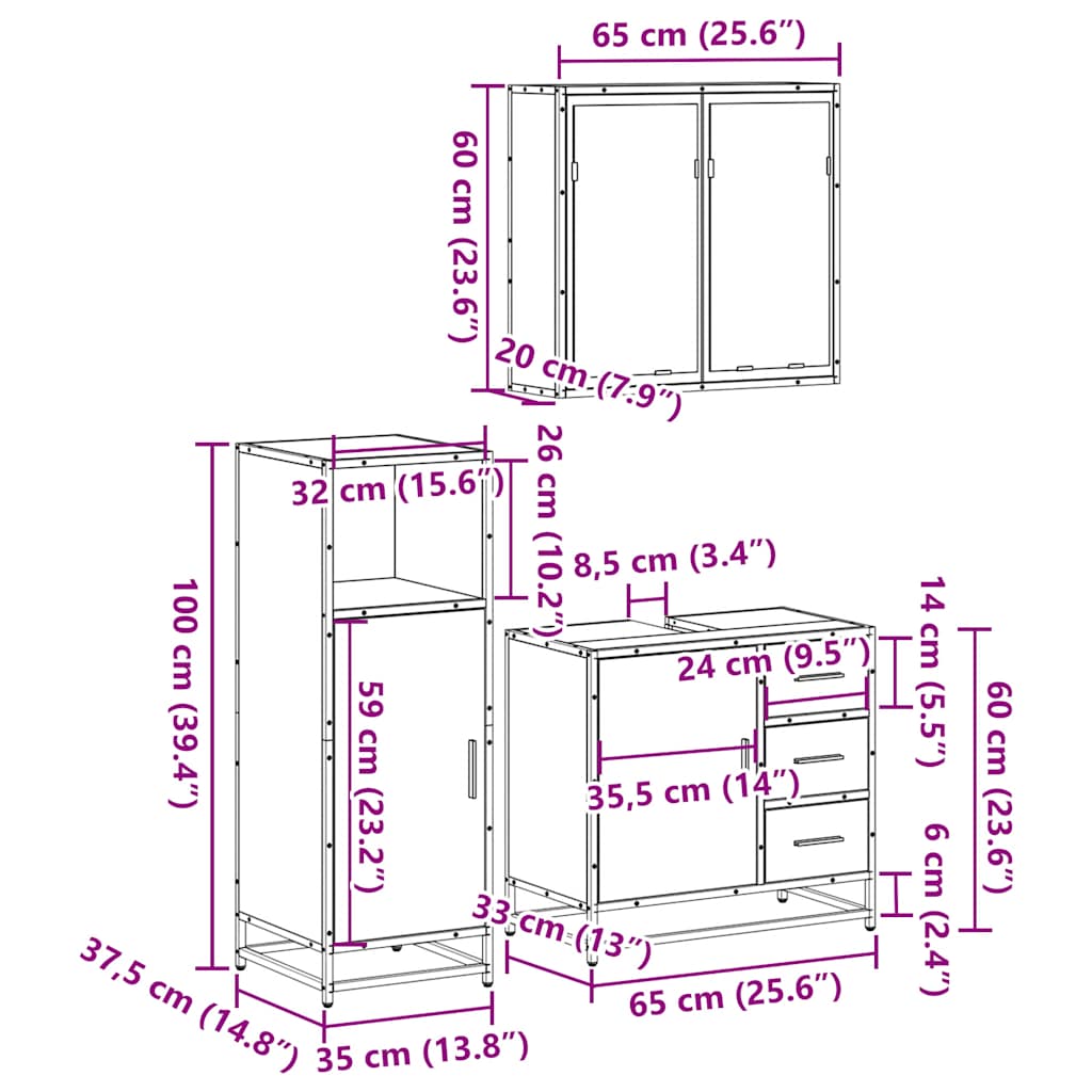 3-tlg. Badmöbel-Set Räuchereiche Holzwerkstoff